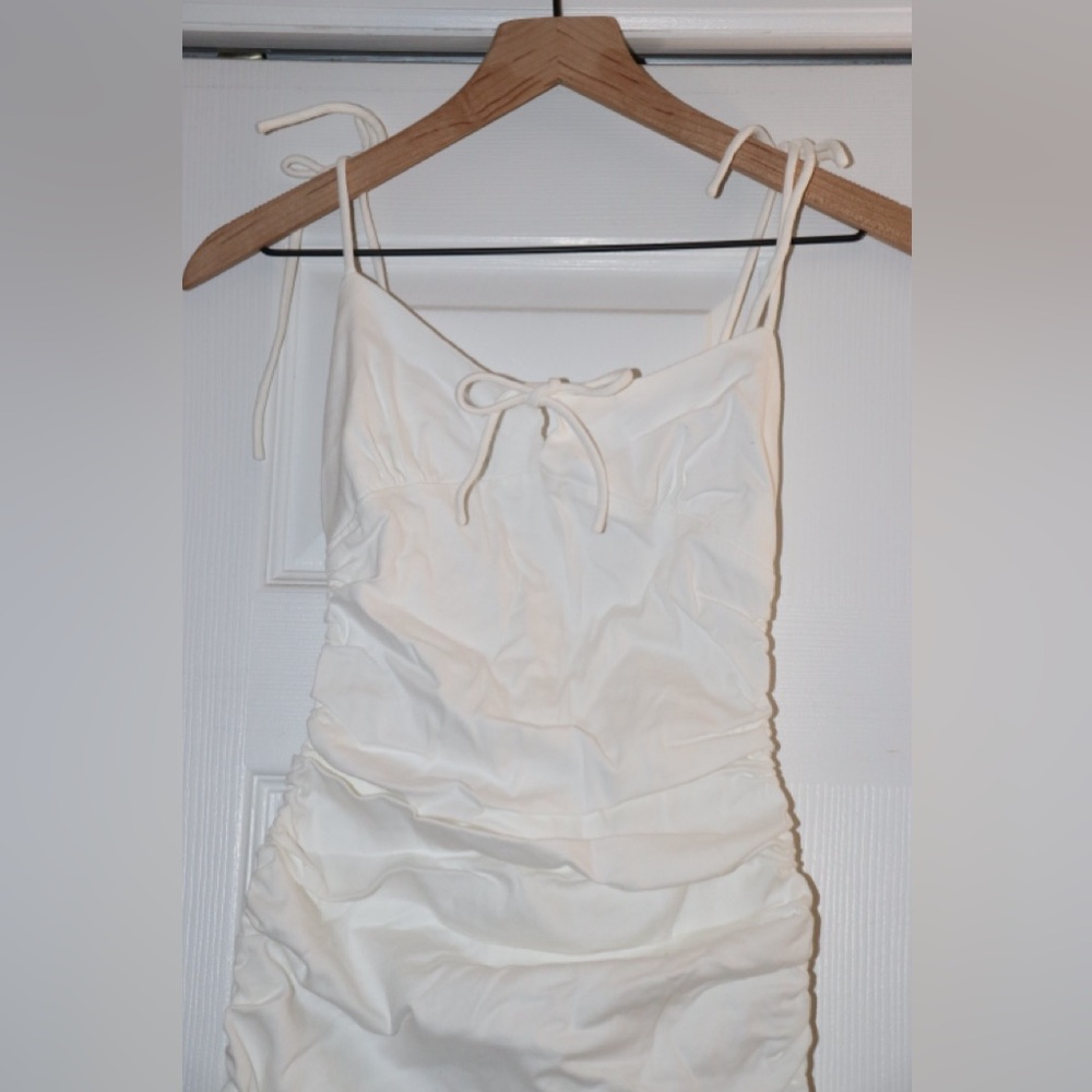 White Fox Boutique White Mini Dress with Ruching and Bow